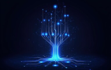 Poster - A glowing technological tree with luminous branches and circuits against a dark background, symbolizing innovation and connectivity