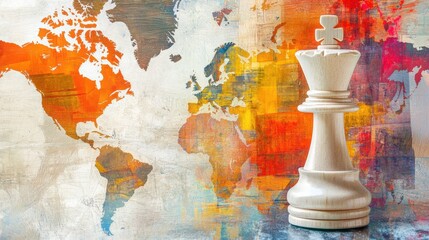Poster - Strategic Global Chess Move Concept with a Wooden King Piece in Front of a Colorful World Map Demonstrating Competition and International Strategy