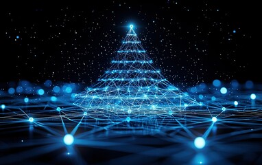 Poster - Abstract digital representation of a Christmas tree created with blue lights and connected nodes against a dark background