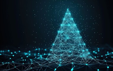 Poster - A glowing digital Christmas tree made of interconnected blue lines and dots against a dark background with sparkling effects