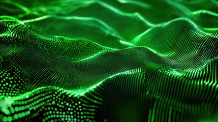 Fototapete - Abstract green waves with digital patterns, representing technology and data visualization.