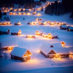 Wall Mural - A long shot of a Christmas village blanketed in fresh snow, with each building outlined by festive lights, captured in deep focus and from a low angle