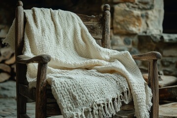 A lightweight shawl lying on an old wooden chair, minimalistic background, soft natural light, mockup for design