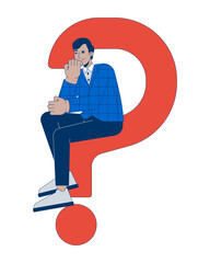  - Looking for answers 2D illustration concept. Business strategy. Thoughtful indian businessman sitting on question mark cartoon character isolated on white. Metaphor abstract flat vector graphic