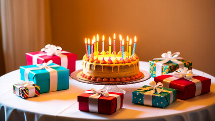 Wall Mural - A Festive Birthday Table Setting: A vibrant and colorful image of a birthday cake with lit candles, surrounded by wrapped gifts and festive tableware. 3