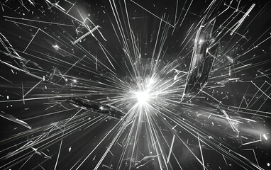 Poster - Dynamic explosion of light and shards in a black and white abstract representation of energy and motion
