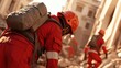 © AshrofS - First responders in red uniforms navigate rubble, focused on rescue efforts in a disaster scenario, highlighting their dedication and bravery.