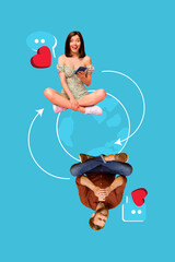 Fototapete - Composite trend artwork sketch photo collage of young lady guy sit globe planet world communication smartphone date app like heart