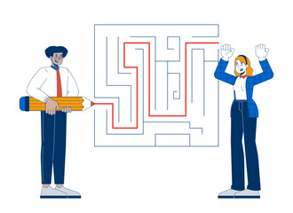  - Problem solving 2D illustration concept. Business project development. Positive diverse colleagues finding way out of maze cartoon characters isolated on white. Metaphor abstract flat vector graphic