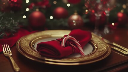 Poster - A beautifully arranged dinner table showcases a red napkin elegantly rolled and adorned with a candy cane, surrounded by festive decorations and sparkling lights.