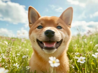 Happy and smiling fawn coloured Shiba Inu looking directly to camera in front view in an open green meadow with tiny wildflowers between the grass on a sunny day. 