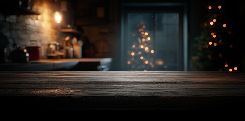 Poster - A festive kitchen backdrop with an empty wooden table in the foreground and twinkling lights creates a warm, cozy atmosphere for holiday cooking.
