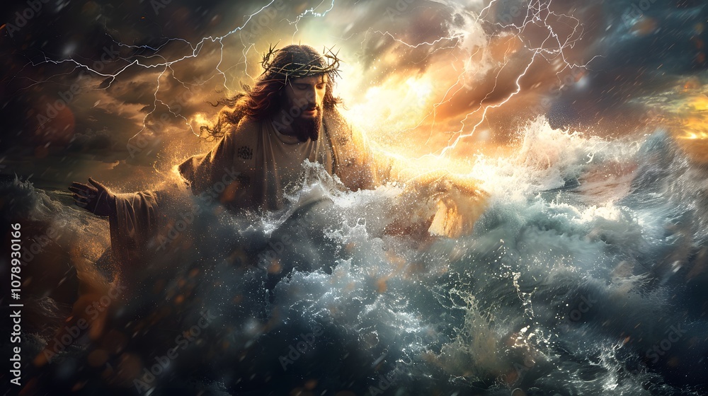Divine image of Jesus illuminated in the middle of a