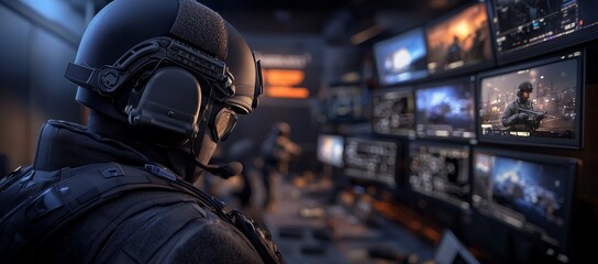 Poster - The control room features multiple screens and a military operator in tactical gear. Command center and strategy concept