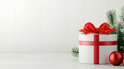 Wall Mural - Mockup product concept, A beautifully wrapped Christmas gift with a red ribbon and ornament, surrounded by evergreen branches, set against a minimalist background.