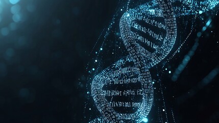 Poster - abstract digital dna helix made of binary code glowing against dark background representing informat