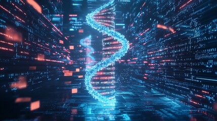 Poster - Glowing DNA Model Projected in Digital Data Center with Floating Files and Code