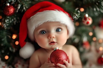 Wall Mural - Adorable baby in santa hat holding christmas ornament under holiday lights