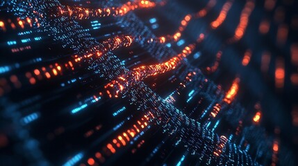 Poster - digital representation of dna data retrieval with glowing strands decoded into binary sequences
