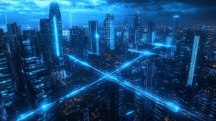 Poster - futuristic quantum internet cityscape with glowing data streams connecting the metropolis