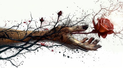 Poster - Withered hand reaching for rose with thorns art digital. Female arm entangled in thorny branches wallpaper scene artwork. Struggle, desire, resilience concept background image horizontal