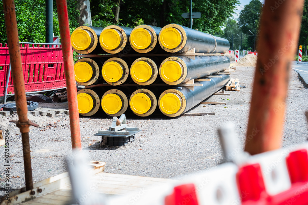 Ein Stapel mit Fernwärmerohren auf einer Baustelle in Düsseldorf, Deutschland
