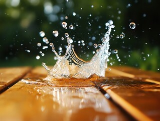 Poster - A close-up view of a water splash captured in vibrant detail against a wooden surface.