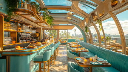 Wall Mural - 
Floating international breakfast market, sky-high mimosa bars, cloud-bed brunch seating, dawn-kissed atmosphere