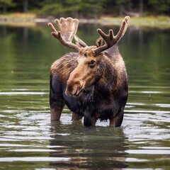 Sticker - Create a close up image of a moose standing in a body of water. Focus in on its head. It has large antlers and lots of water is dripping from its face and antlers.  The background is blurred.  The lig