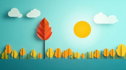 Wall Mural - colorful autumn trees and sun in a paper cut-out style on a blue background.
