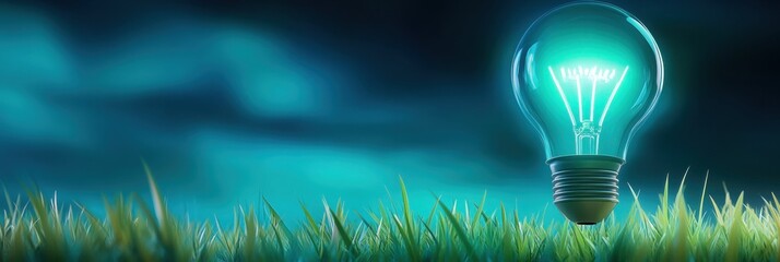 Wall Mural - Light bulb glowing in green grass on a dark background