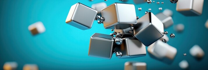 Wall Mural - Abstract silver cubes floating against a bright blue background.