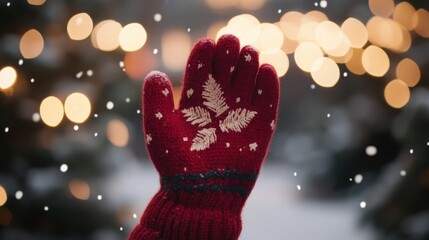 Poster - A red knitted mitten with delicate white snowflake embroidery is raised against a soft, glowing background of holiday lights. Snow gently falls, creating a cozy winter atmosphere.