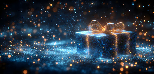 Wall Mural - A futuristic digital gift box glowing with neon lights, set against a dark blue background, embodying a blend of technology and festive spirit, showcasing a modern and innovative approach to gift-givi