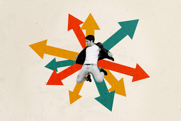 Aufkleber - Creative photo collage young ambitious man jump direction arrows achieve goal aim target career promotion success drawing background