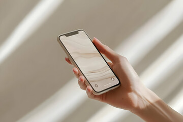 Poster - A hand holding a smartphone with a light beige background. The phone has an abstract beige screen with a gray border. The background has soft light lines.