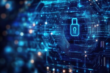 Fototapete - A digital padlock symbol on a futuristic background, representing cybersecurity and data safety in a tech-driven world.