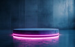 © Mavita - 3D neon podium with glowing edges in deep blue environment creates striking visual. vibrant pink light contrasts beautifully with sleek, modern design
