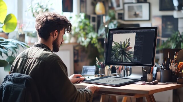 Graphic designers use digital draws on desks and in front of computers