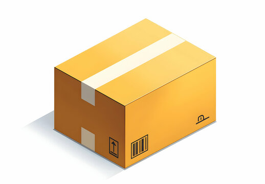 A single brown cardboard box with a white tape and a barcode. The box is sitting on a white background and is in an isometric view.