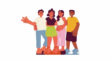 Poster - Friends group cartoon animation. Cheerful relationship between diverse people 4K video motion graphic. Multiracial young adults hugging animated 2D characters isolated on white background