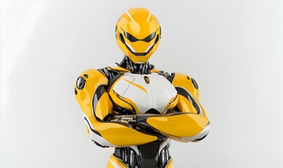 Poster - Confident 3D Robot with Folded Arms, a sleek metallic figure exuding strength and assurance, poised in a futuristic environment.