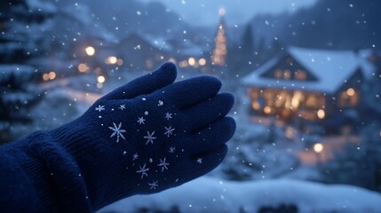 Poster - A warm-looking glove extends into a snowy evening, while delicate snowflakes drift down. Soft lights from nearby homes and a festive tree create a serene winter atmosphere.