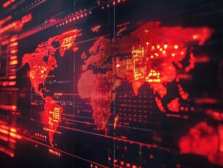 Poster - Glowing Red World Map Displaying Areas of Economic Distress and Global Financial Crisis Interconnectedness