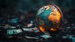 © Thares2020 - Burning Globe of Crumbling Banknotes Symbolizing Global Economic Crisis and Collapse
