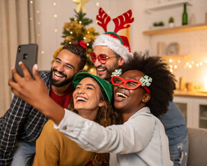 Christmas, party and friends taking a selfie on a phone together with goofy, funny and silly props. Diversity, festive and happy people taking picture on a smartphone at festive xmas event at a home.