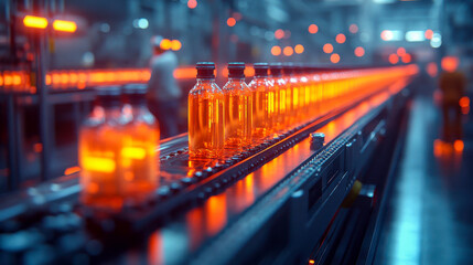 Poster - Gloved hand carefully picking up a vial from a row of small glass bottles in a laboratory
