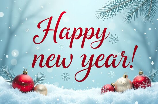 Happy New Year greeting card, white snow, snowflakes, christmas balls. Concept congratulation, holiday, invitation.