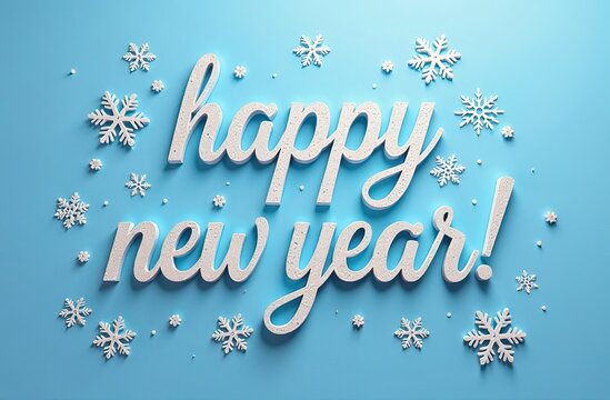Happy New Year greeting card with snowflakes on blue background. Concept congratulation, holiday, invitation.