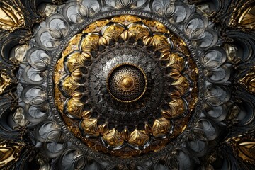 Wall Mural - Intricate ceiling design showcasing an elegant pattern with stunning gold and silver details, perfect for architectural inspiration.